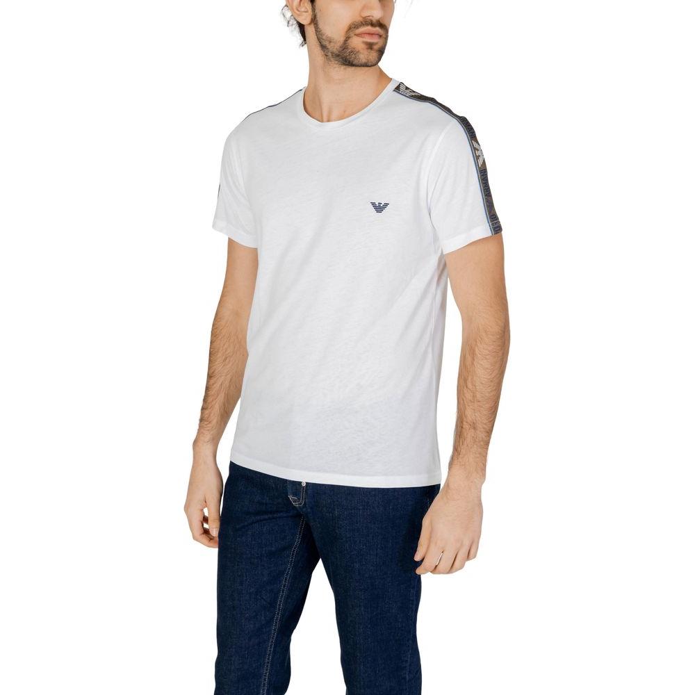 Man wearing Emporio Armani white cotton t-shirt with logo, short sleeves, and comfortable fit.