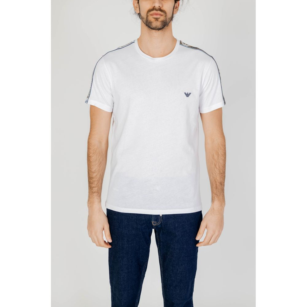 Model wearing Emporio Armani Underwear white cotton t-shirt, short sleeve, men's essential casual wear with logo detail on chest.