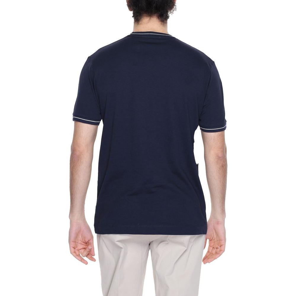 Back view of Hamaki-Ho blue cotton t-shirt, spring/summer collection, 100% cotton, worn by model, showcasing modern style.