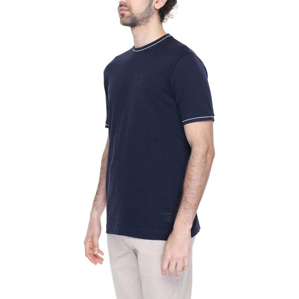 Hamaki-Ho blue cotton t-shirt, spring/summer men's collection, 100% cotton, side view of model wearing shirt.