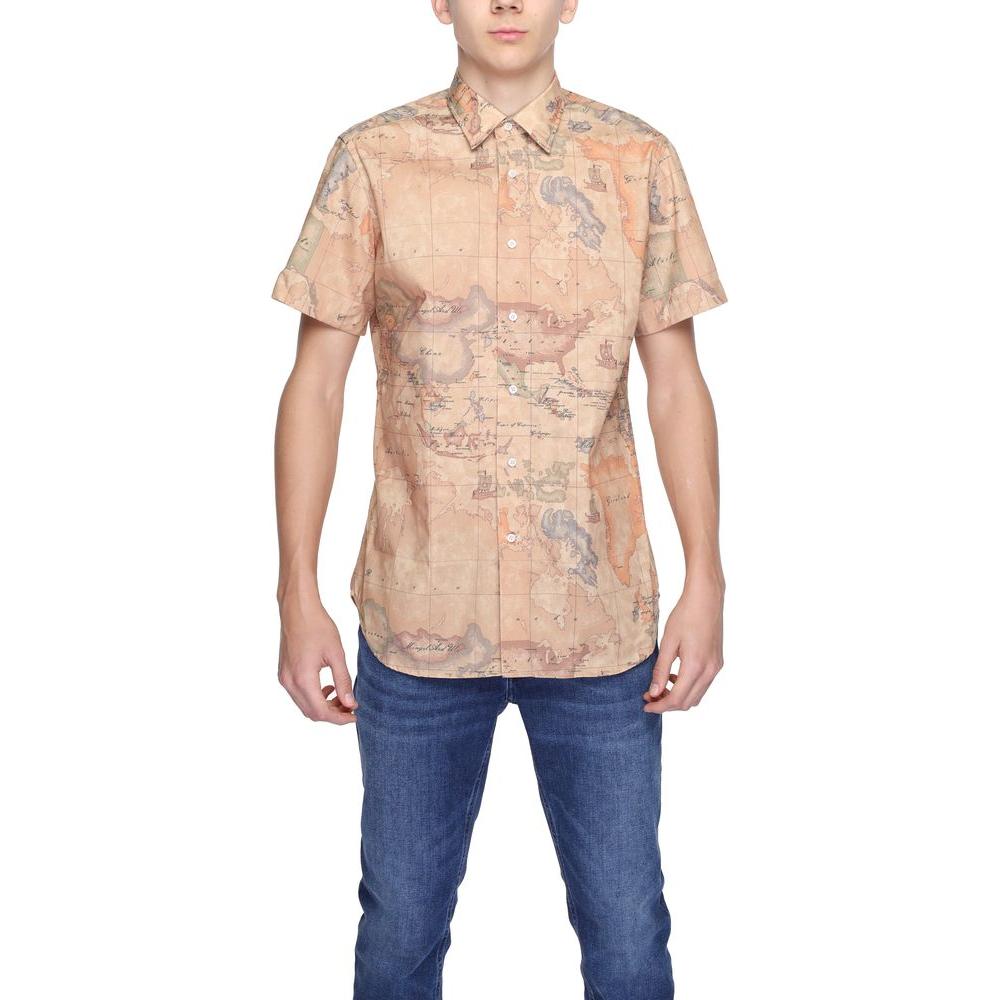 Alviero Martini Prima Classe beige short sleeve polyester shirt, men's spring/summer collection, map print design.