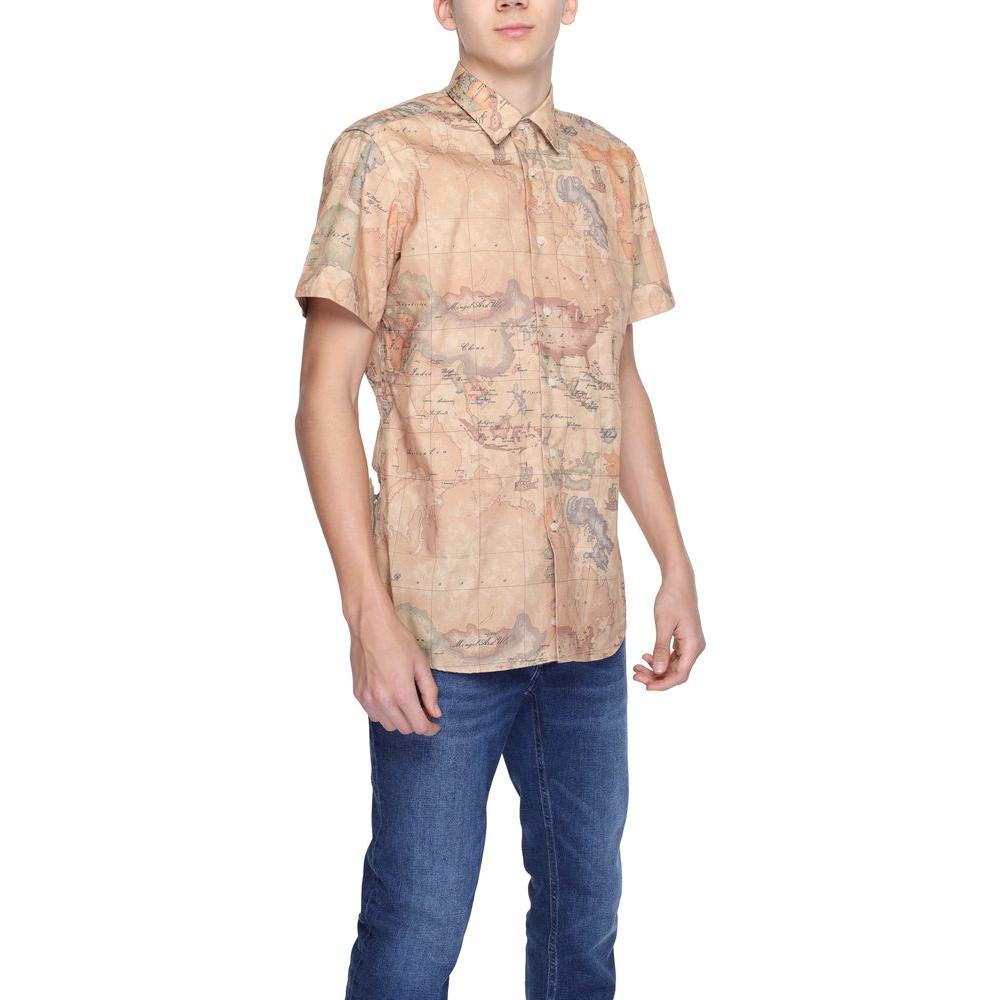 Alviero Martini Prima Classe beige polyester short sleeve men's shirt, spring/summer collection, worn by model.
