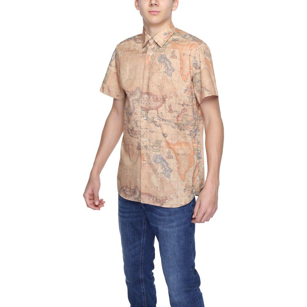 Alviero Martini Prima Classe men's beige short sleeve shirt in map print, 100% polyester, spring/summer collection, model wearing shirt