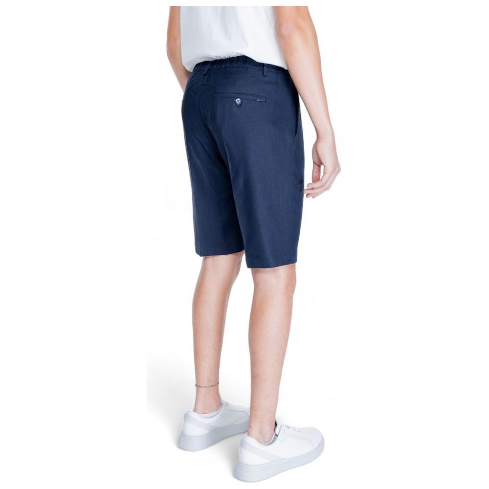 Man wearing Antony Morato blue linen shorts from the Spring/Summer collection, back view showing fit and style.