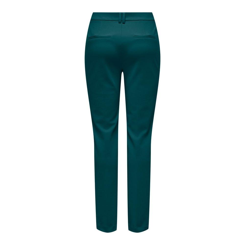 Women's green polyester cigarette pants for fall winter collection, made from 94% polyester, 6% elastane. Back view of pants.