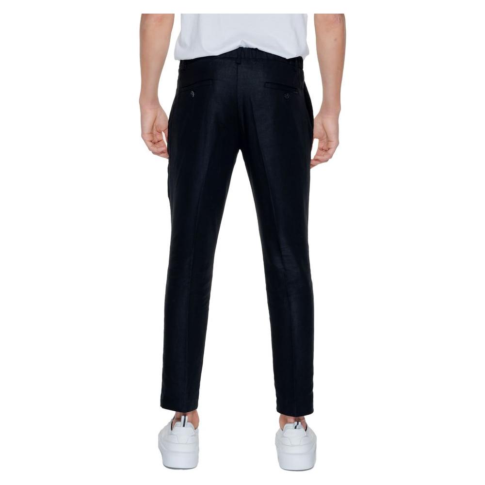 Back view of Antony Morato black linen men's suit trousers, part of the spring/summer collection, featuring 52% linen and 48% viscose.