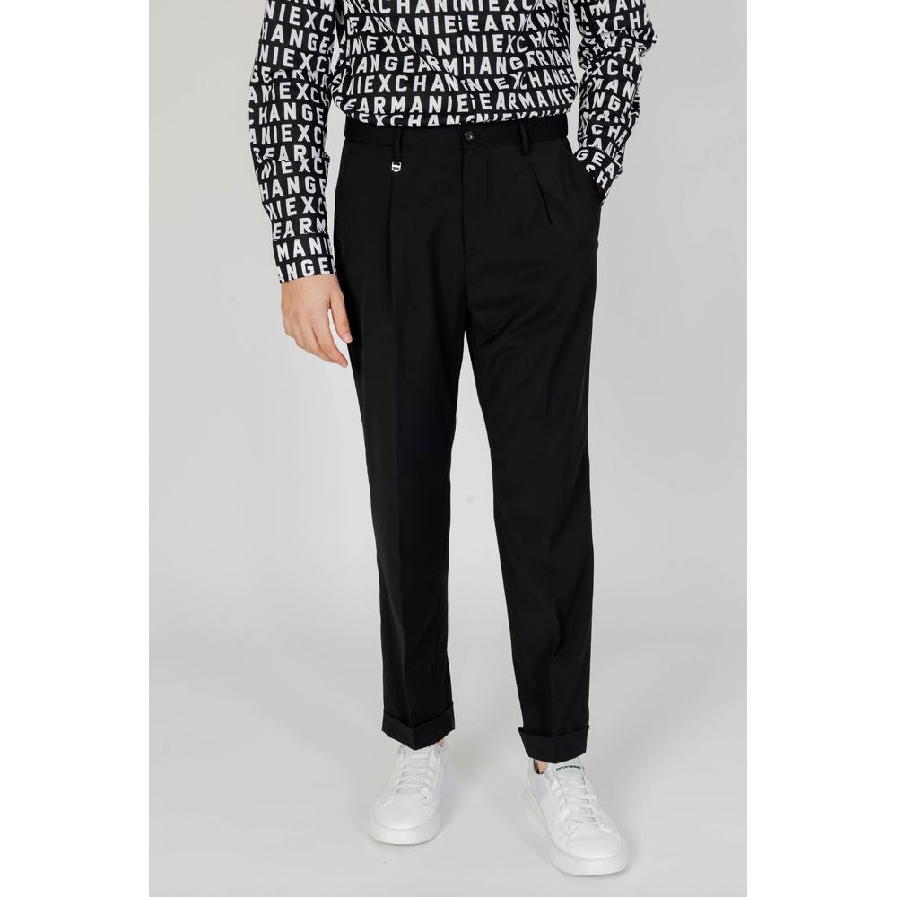 Antony Morato black polyester blend men's pants, spring/summer collection, featuring viscose and elastane for comfort.