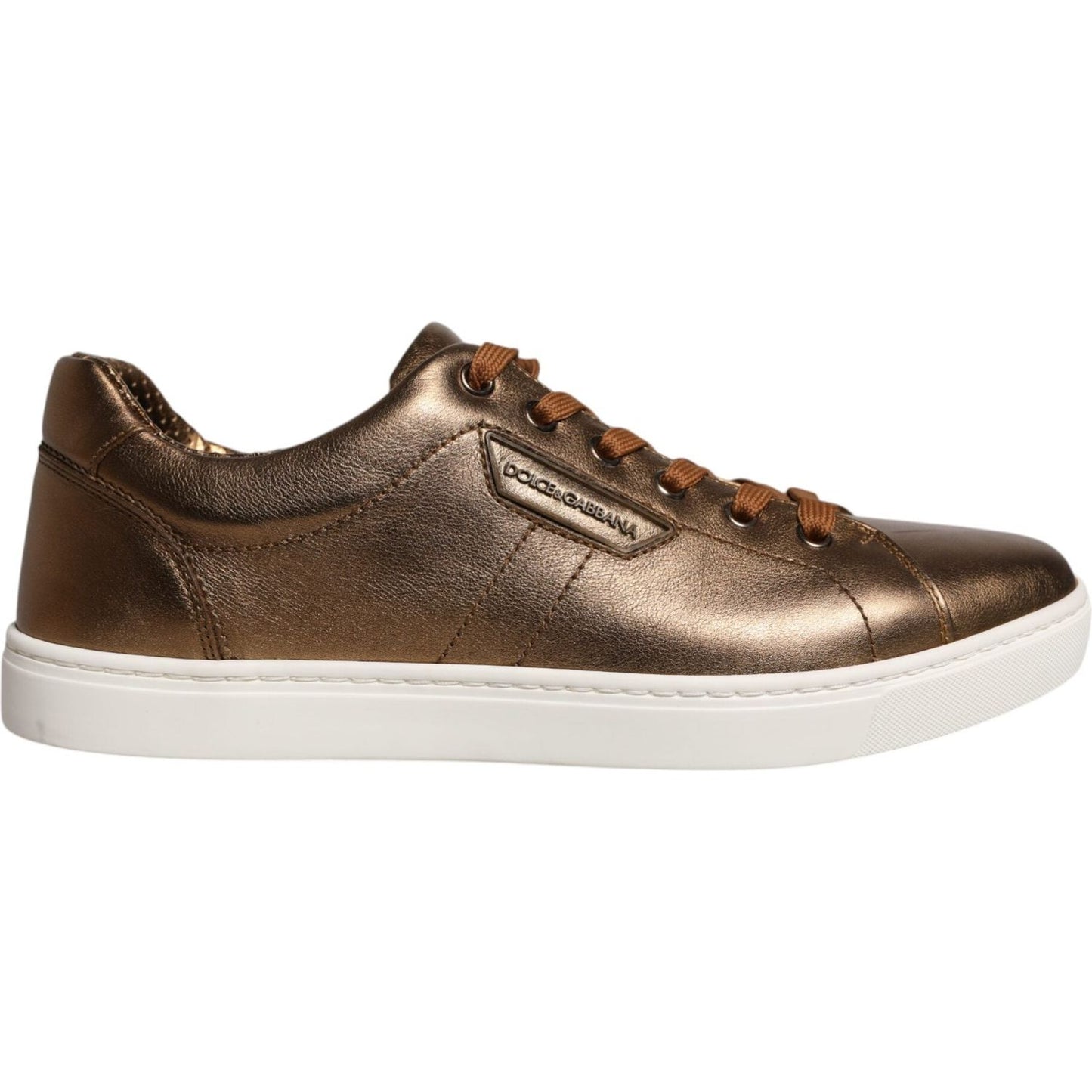 Dolce & Gabbana gold metallic leather men's sneakers with logo, white rubber sole, and lace-up closure, crafted in Italy.