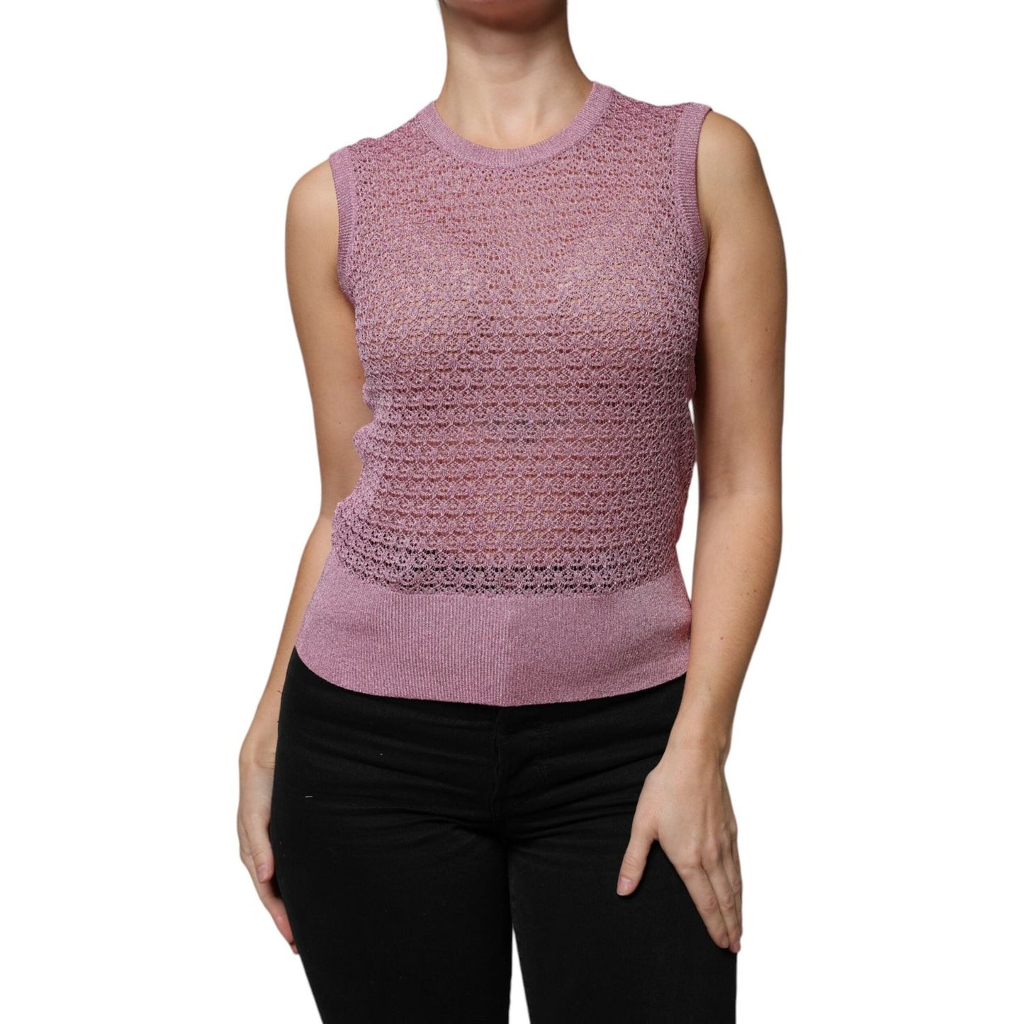 Dolce & Gabbana pink mesh see-through sleeveless tank top, features viscose and polyester blend, made in Italy with logo details.
