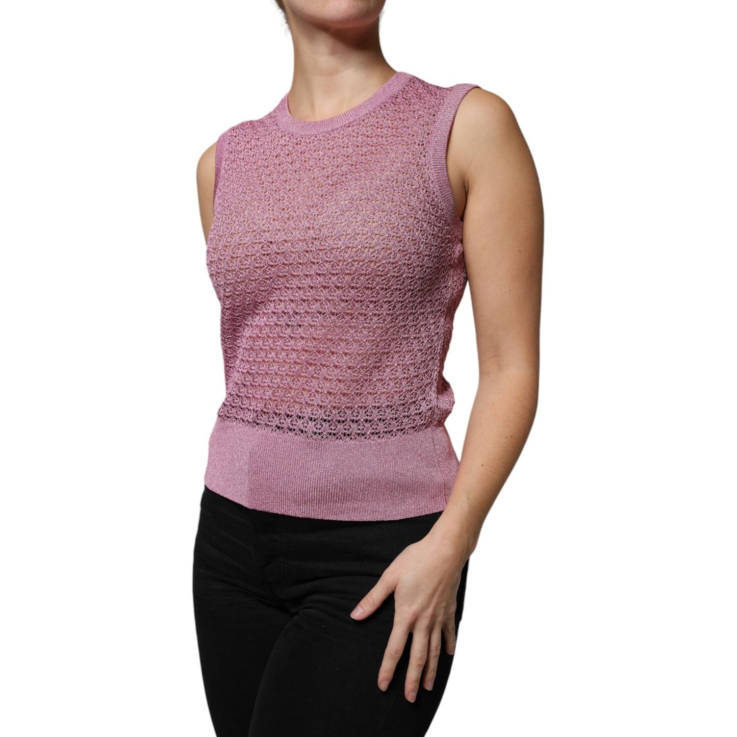 Dolce & Gabbana pink mesh see-through sleeveless tank top, viscose blend, elegant design, logo details, made in Italy, stylish wear.
