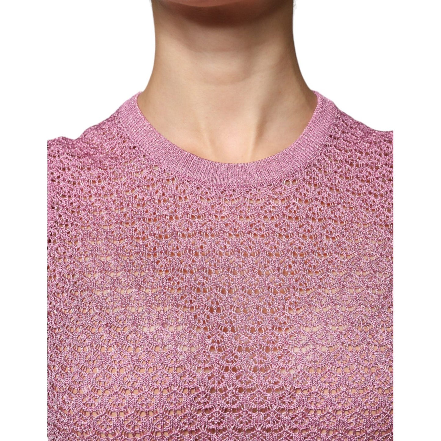 Dolce & Gabbana pink mesh see-through sleeveless tank top with logo details, made in Italy, 77% viscose, 23% polyester film fiber.