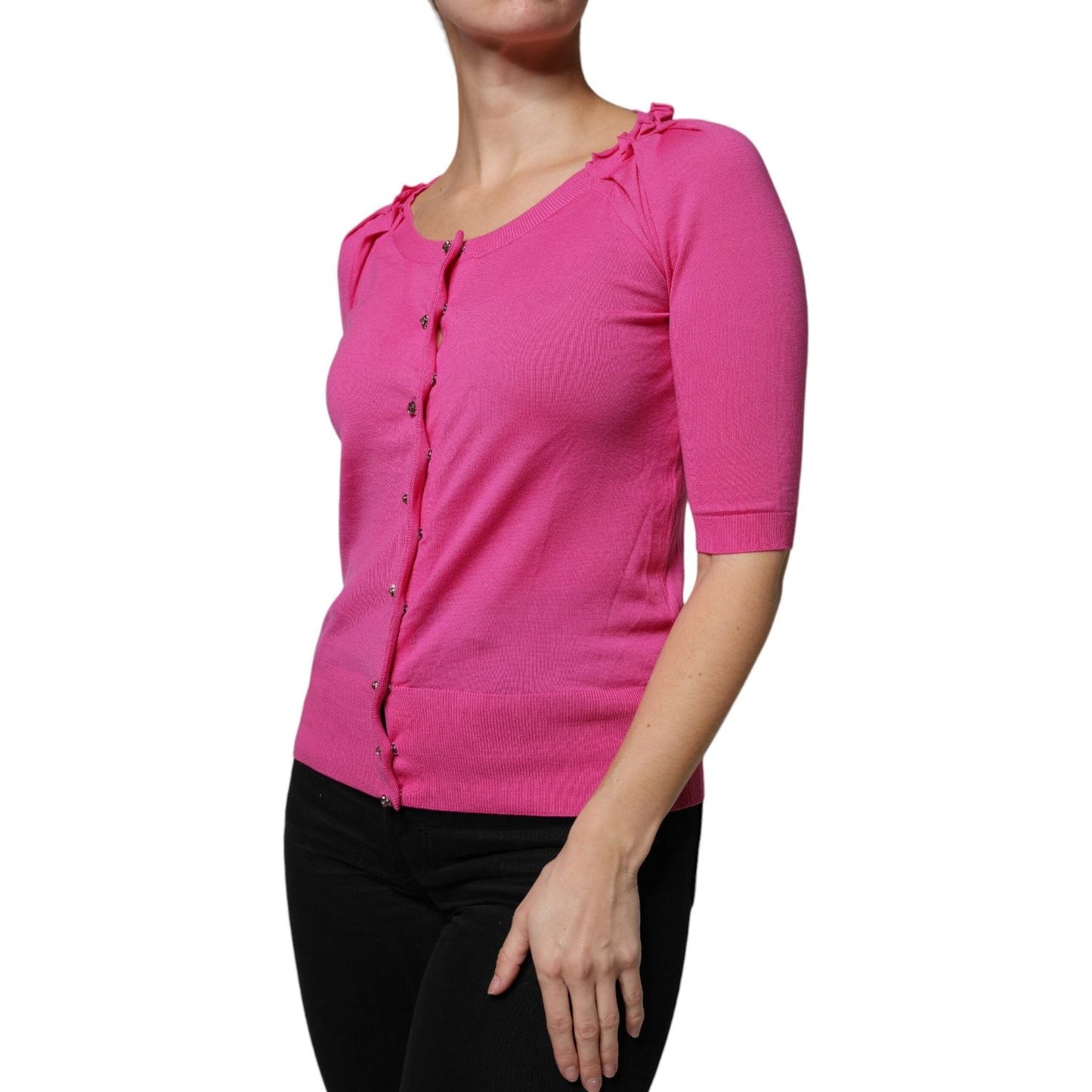 Dolce & Gabbana pink wool button down cardigan sweater, round neck, short sleeves, high craftsmanship, made in Italy, exclusive design.