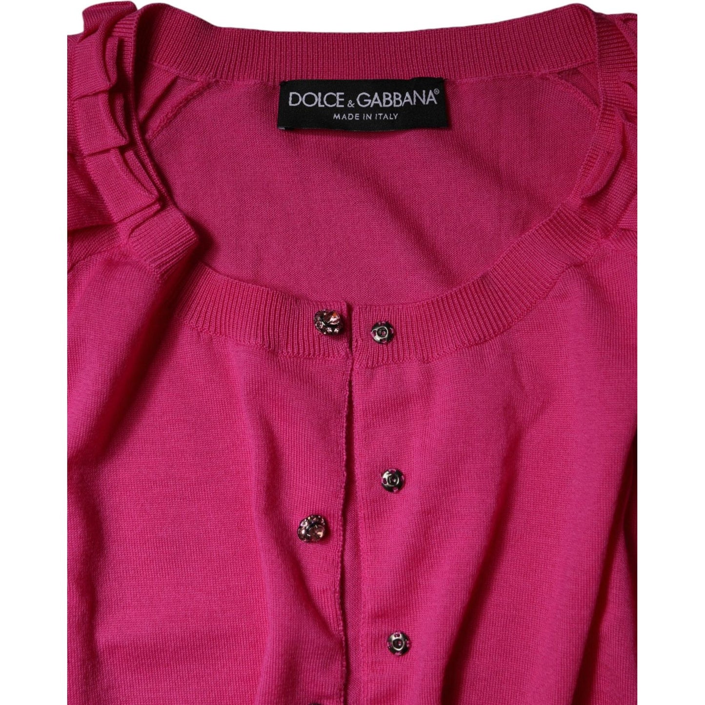 Dolce & Gabbana pink wool cardigan sweater, button down, round neck, short sleeves, luxury Italian fashion, authentic with logo.