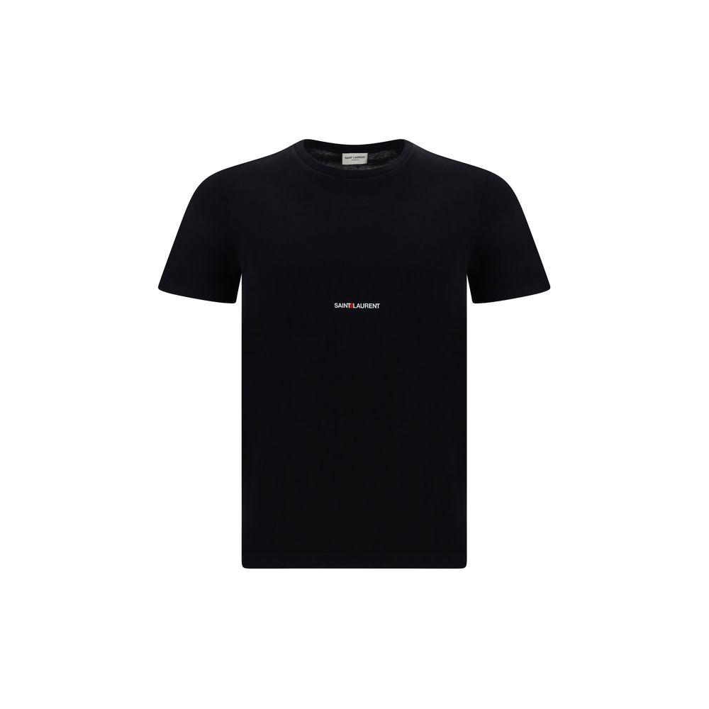 Saint Laurent black cotton T-shirt with ribbed crew neck and contrasting monogram on the front, featuring a monochrome pattern.