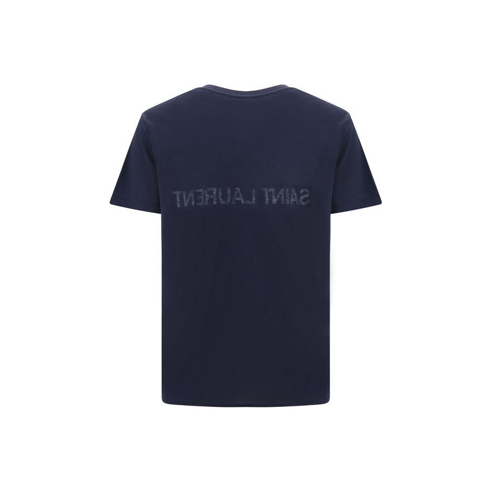 Back view of navy blue Saint Laurent T-Shirt with iconic monogram, ribbed crew neck, and regular fit made from cotton.