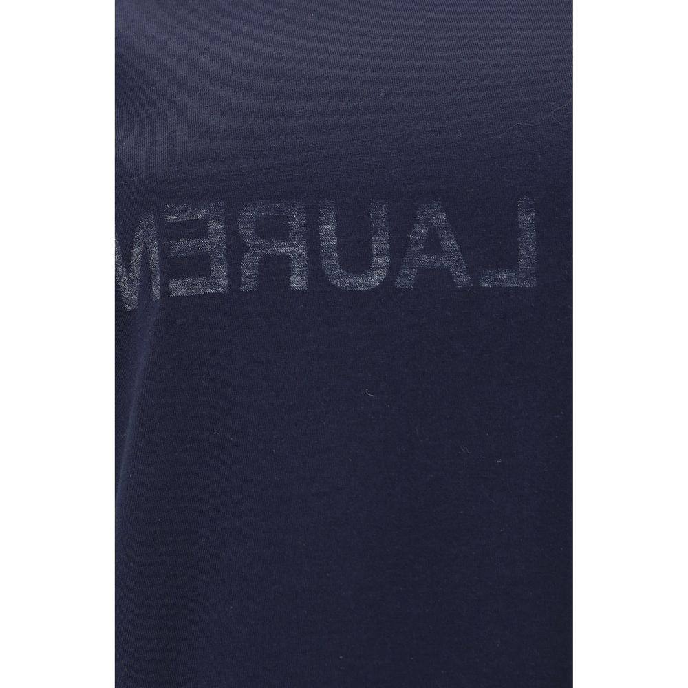 Close-up of Saint Laurent T-shirt with iconic monogram, ribbed crew neck, and regular fit in cotton fabric.
