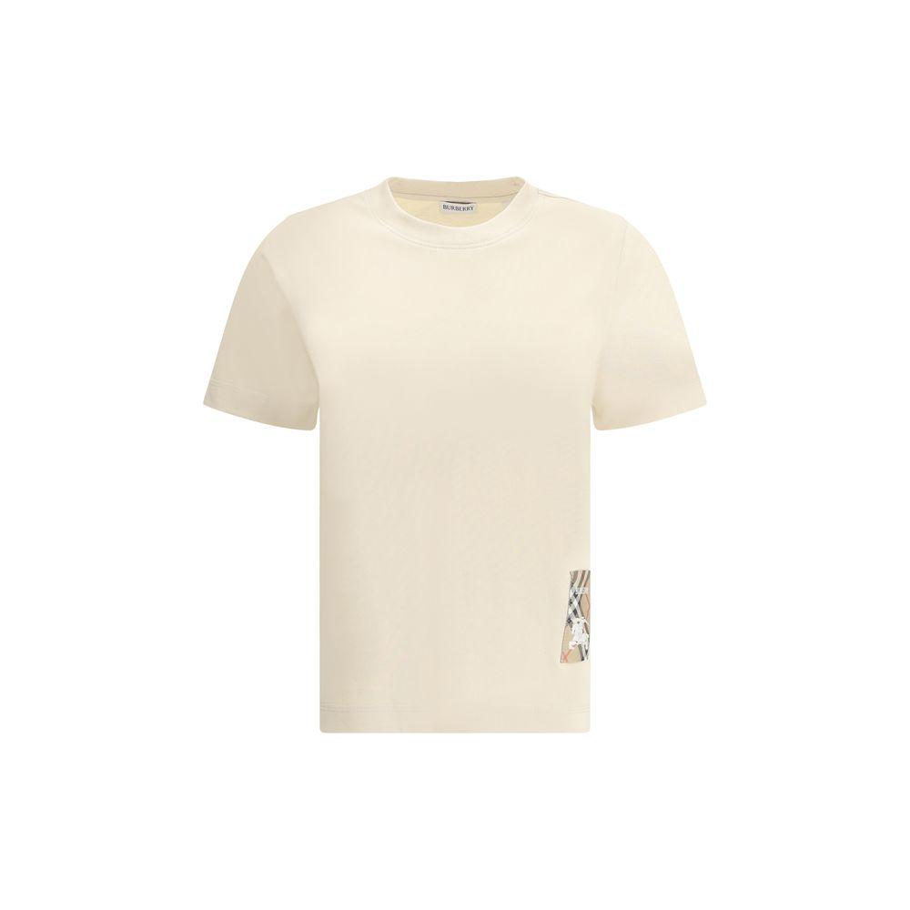 Burberry Jwear T-Shirt with logo patch, featuring ribbed crew neck and Archivio Check pattern with Equestrian Knight logo.