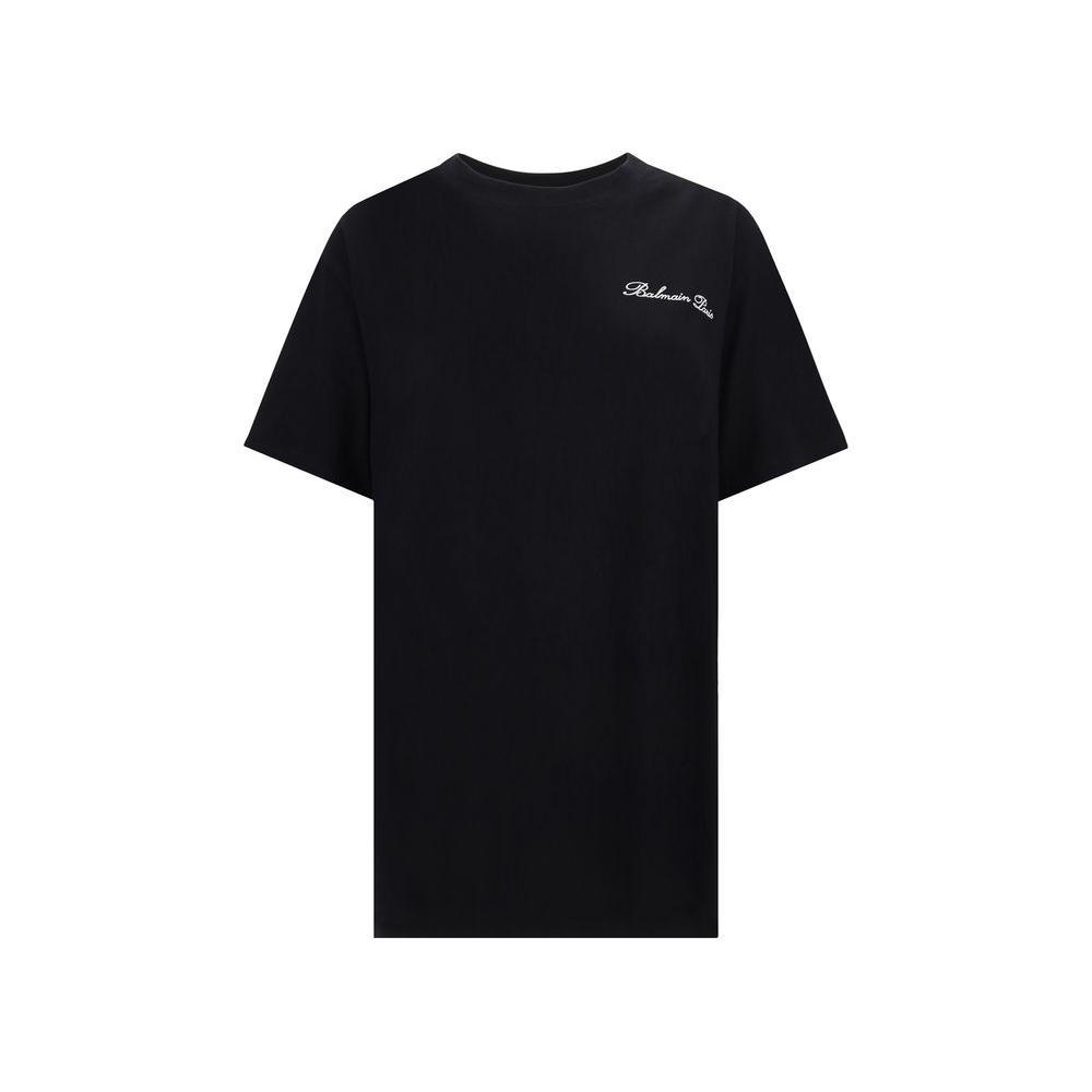 Balmain black cotton T-shirt with ribbed crew neck, iconic monogram, and monochrome pattern, regular fit, front view.