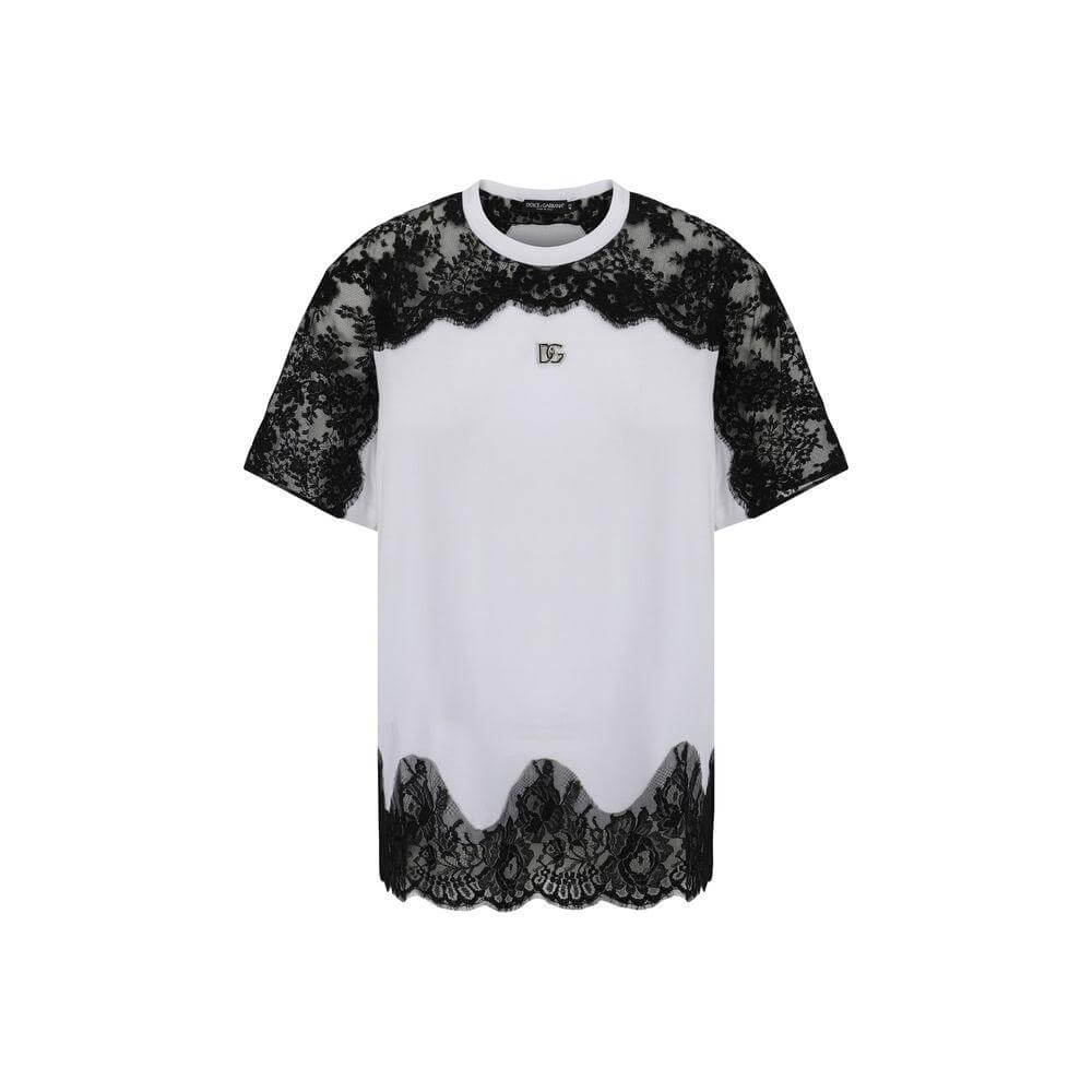 Dolce & Gabbana white cotton T-shirt with ribbed crew neck, three-dimensional logo plaque, floral lace sleeves and hem, monochrome pattern.