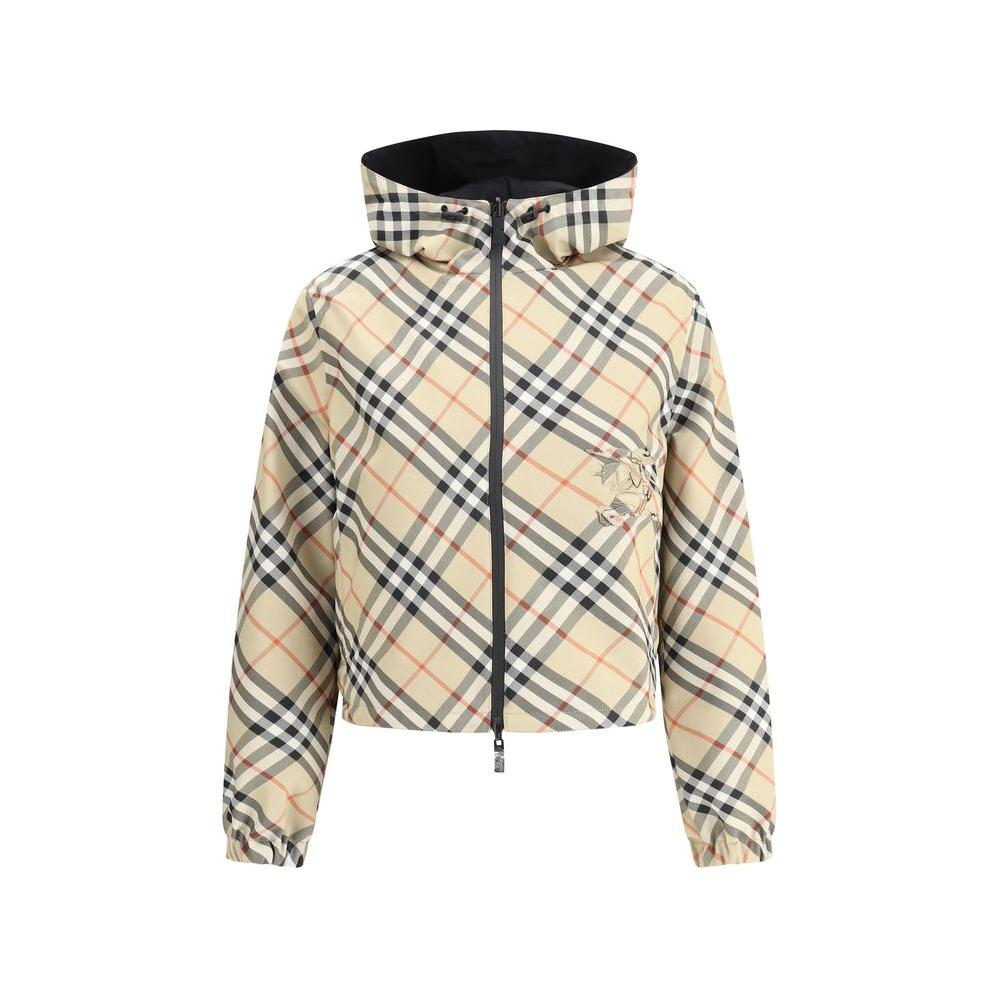 Burberry reversible jacket with iconic Check Archivio pattern, adjustable drawstring hood, and double-slider zipper for versatile styling.