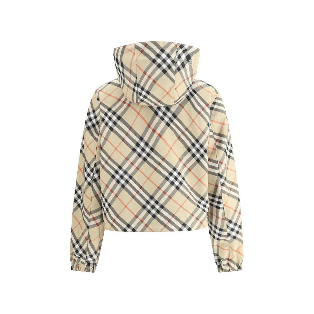 Rear view of Burberry reversible jacket with iconic Check Archivio pattern, adjustable hood and drawstring hem.