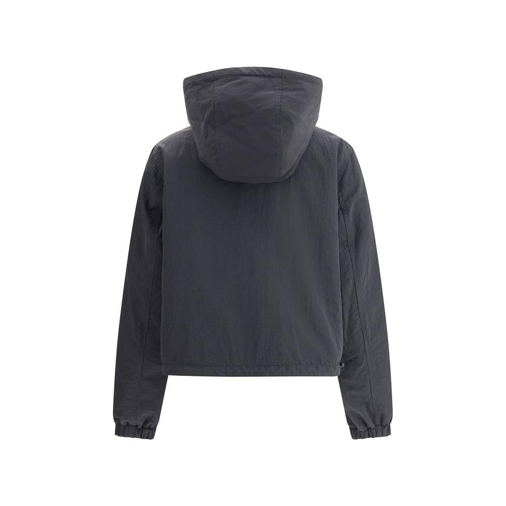 Back view of Burberry reversible jacket with hood, elastic cuffs, and adjustable hem in monochrome design.