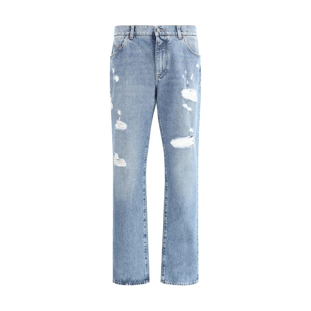 Dolce & Gabbana straight leg jeans with vintage worn-effect, mid-rise waist, and embroidered logo showcasing timeless style and comfort.