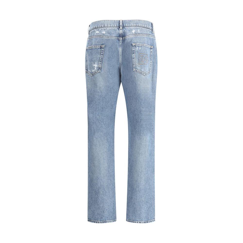 Dolce & Gabbana straight-leg jeans with worn-effect and embroidered logo on back pockets, showcasing classic cotton design and mid-rise fit.