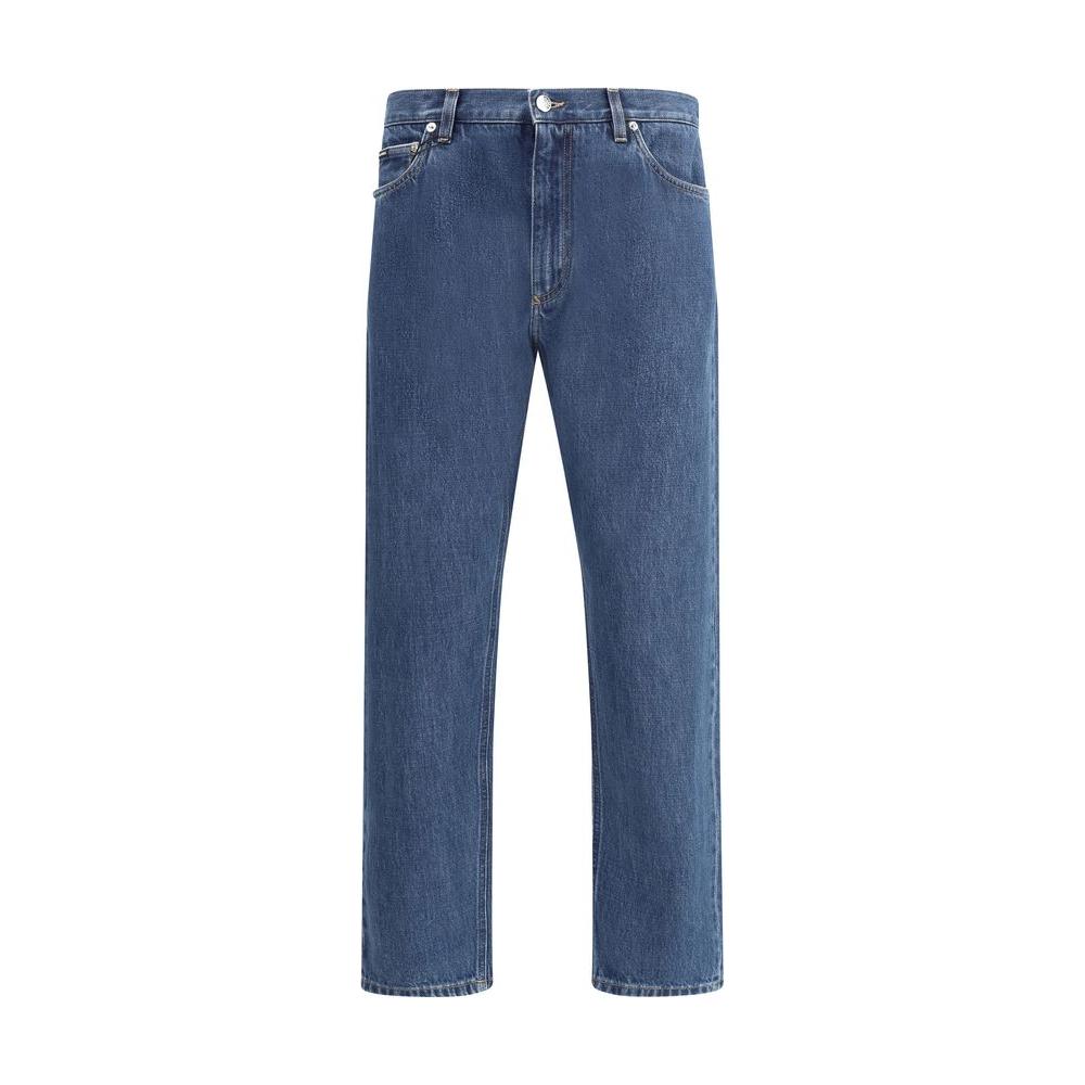 Dolce & Gabbana straight fit jeans with a five-pocket design, zipper-and-button closure, and logo plaque for versatile style.