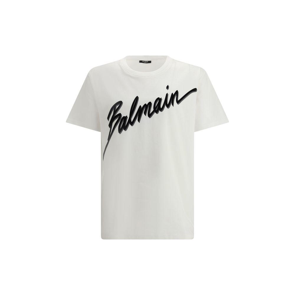 Balmain cotton T-shirt with bold black lettering and a ribbed crew neck, showcasing modern style and iconic branding.