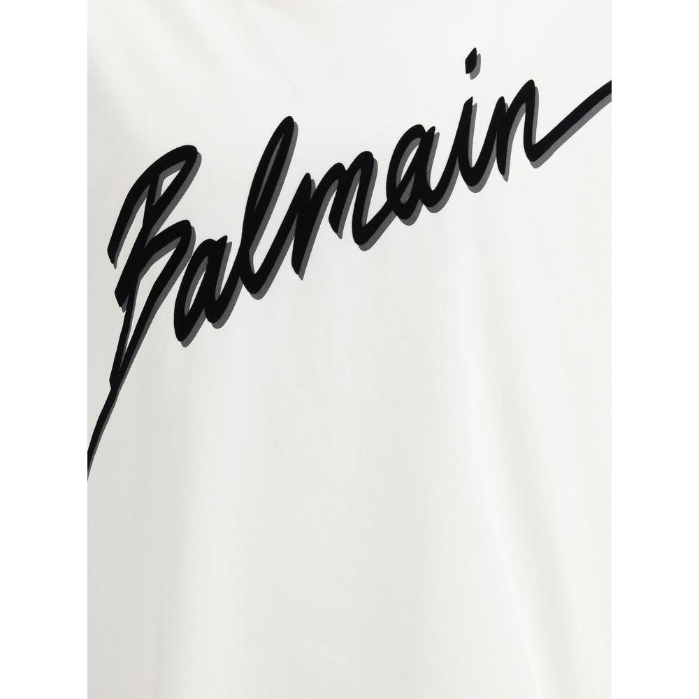 Balmain Letter Flock T-Shirt with bold black lettering on a white cotton fabric, featuring a modern ribbed crew neck design.