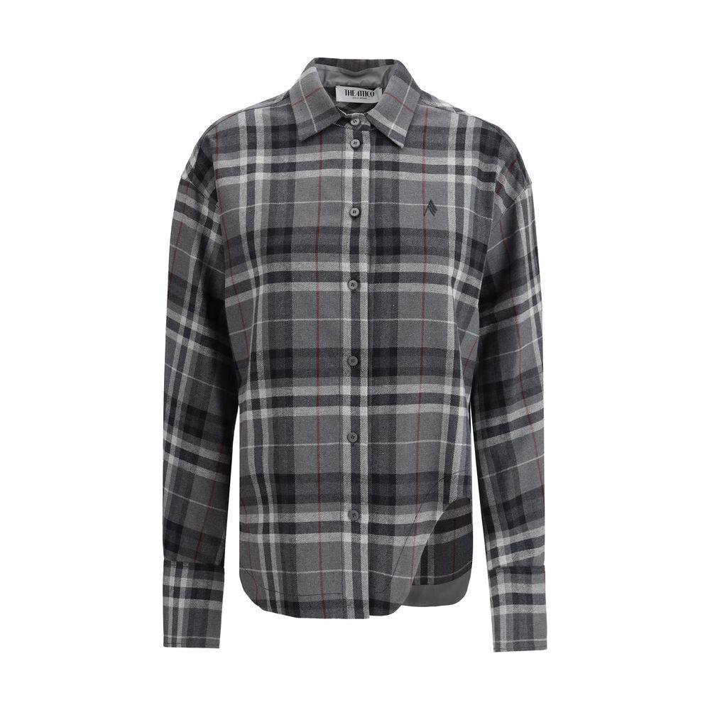 The Attico cotton shirt with check pattern, button front, wide bell sleeves, and front slit; featuring branded embroidery for an oversized fit.