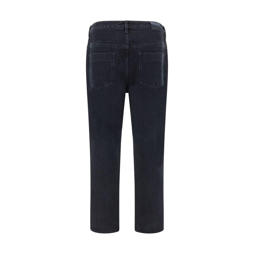Back view of Givenchy denim pants, cotton material, straight five-pocket style with leather patch and belt loops.