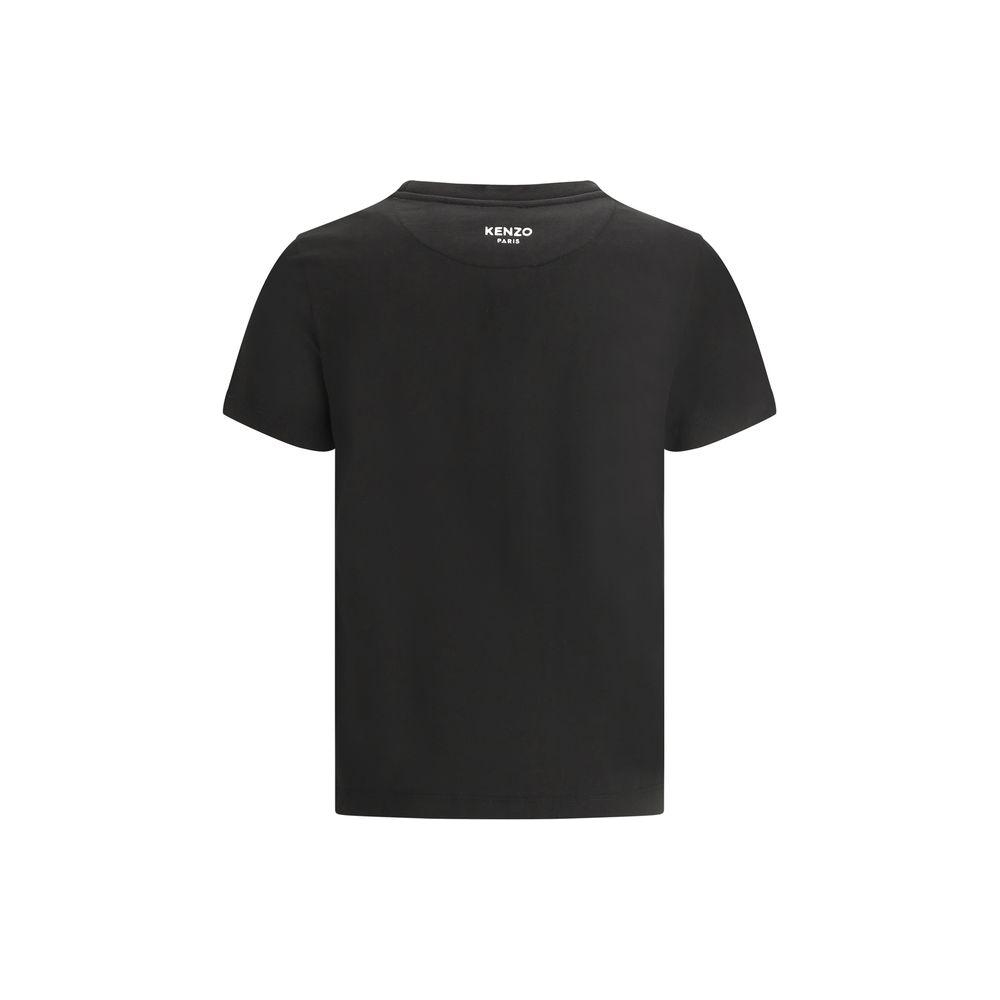 Back view of black Kenzo cotton T-shirt with ribbed crew neck and iconic logo patch, featuring a monochrome design and regular fit.
