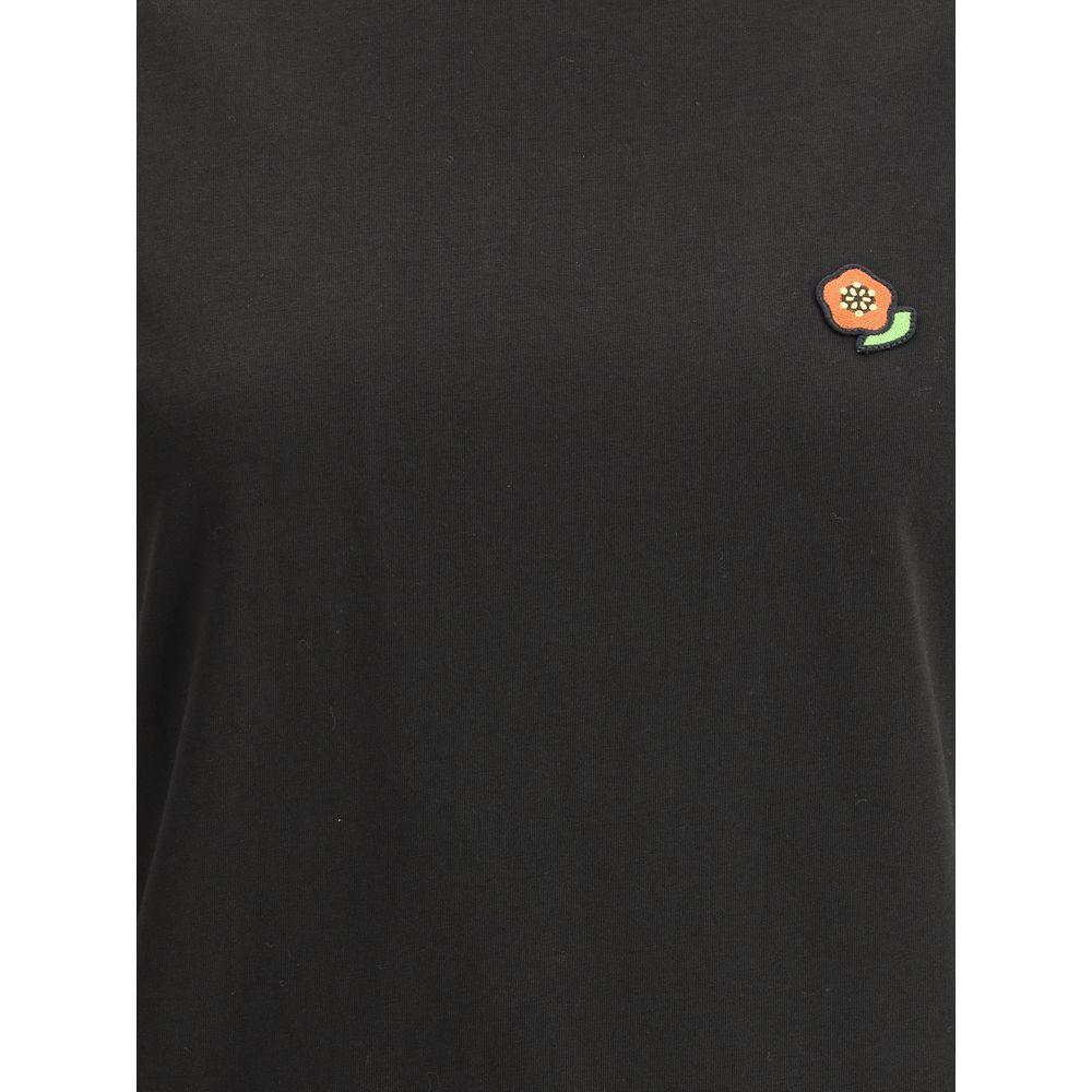 Black Kenzo cotton T-shirt, ribbed crew neck, iconic logo patch, monochrome, regular fit, ideal for stylish casual wear.