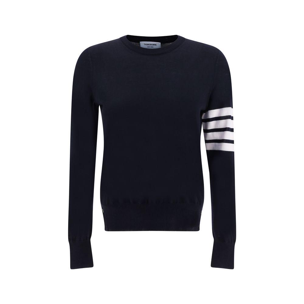 Thom Browne fleece wool sweater with ribbed crew neck, adjustable slit hem, and signature stripes on left arm, slim fit design.