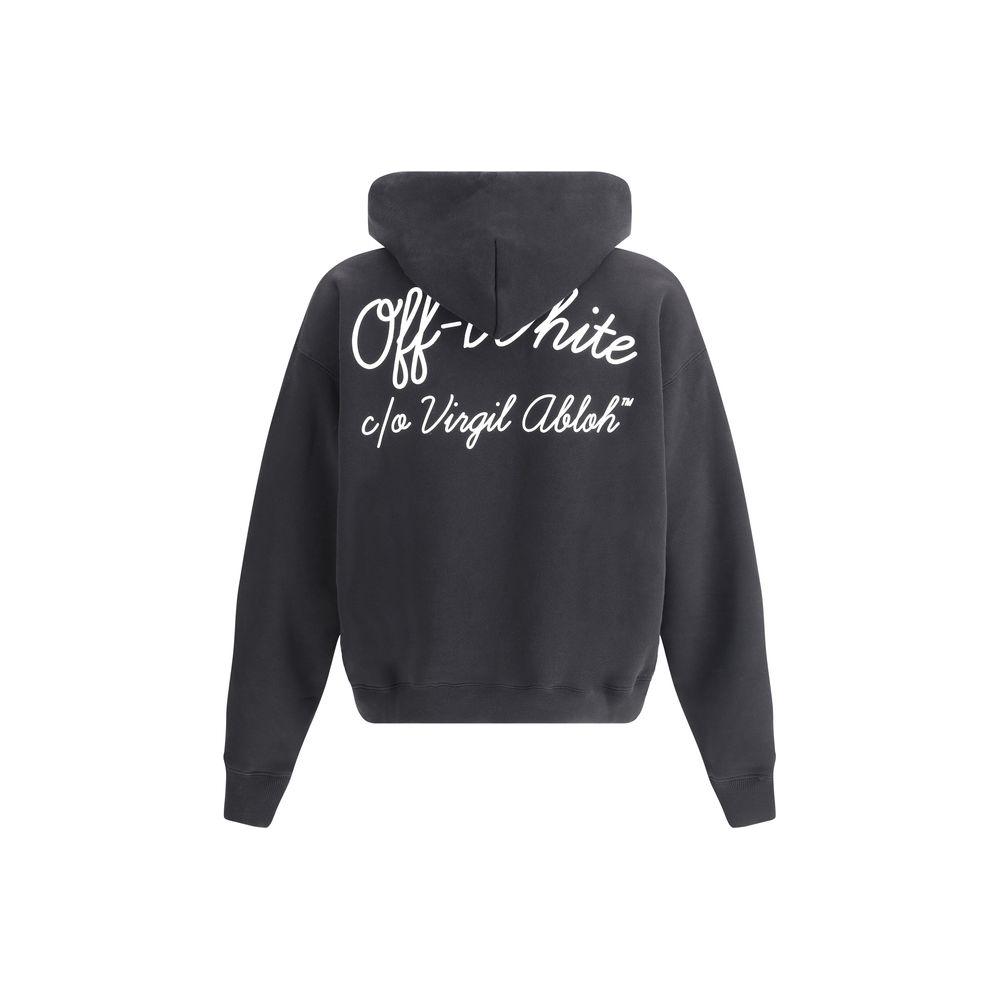 Back view of Off-White Script Skate Hoodie featuring maxi monogram print in contrasting white text on black cotton fabric.