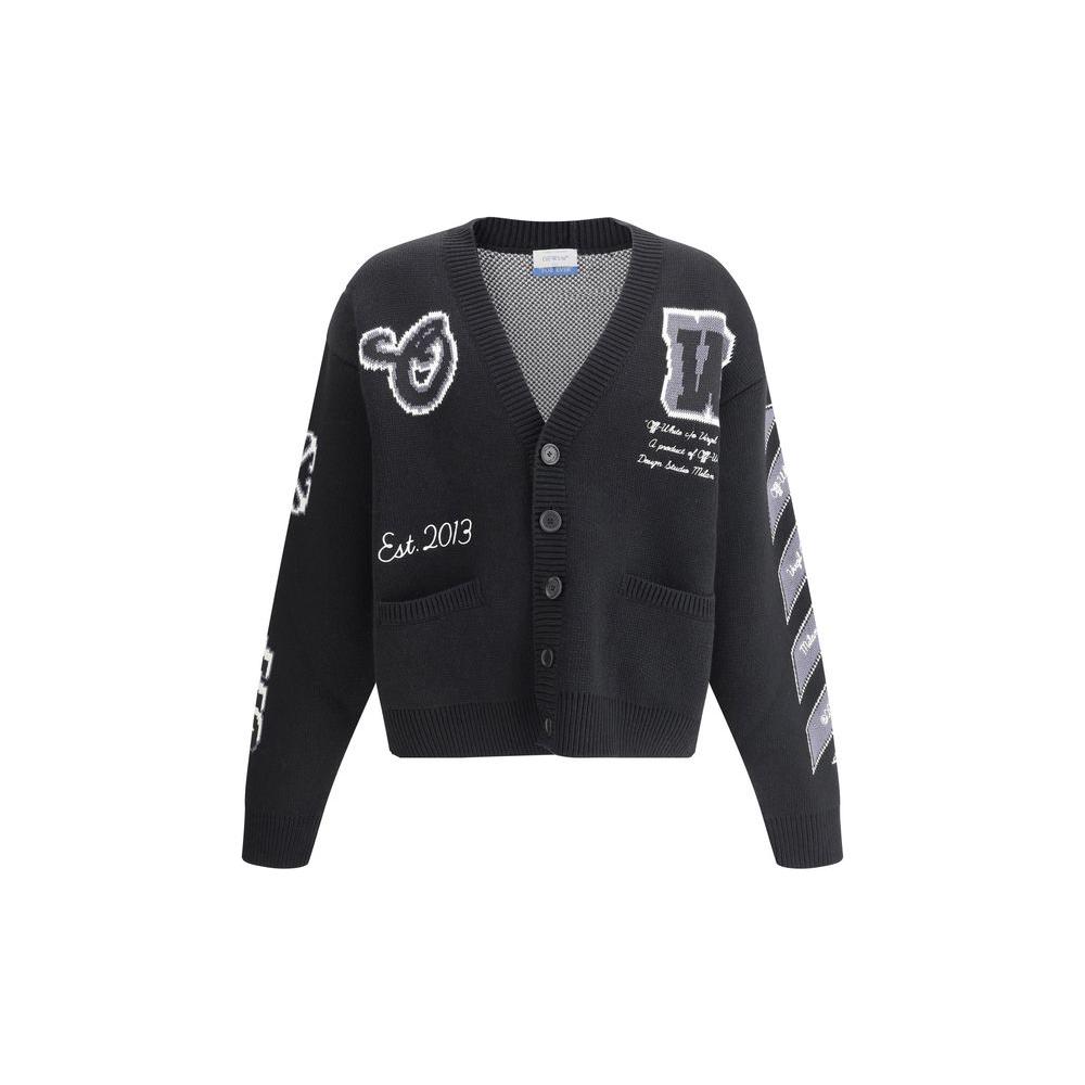 Off-White Varsity Cardigan with V-neck, button closure, jacquard monogram, and front welt pockets for a modern, versatile style.