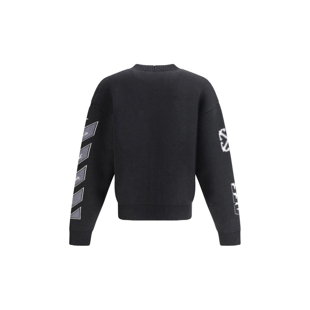 Back view of Off-White Varsity Cardigan with jacquard sleeve design.
