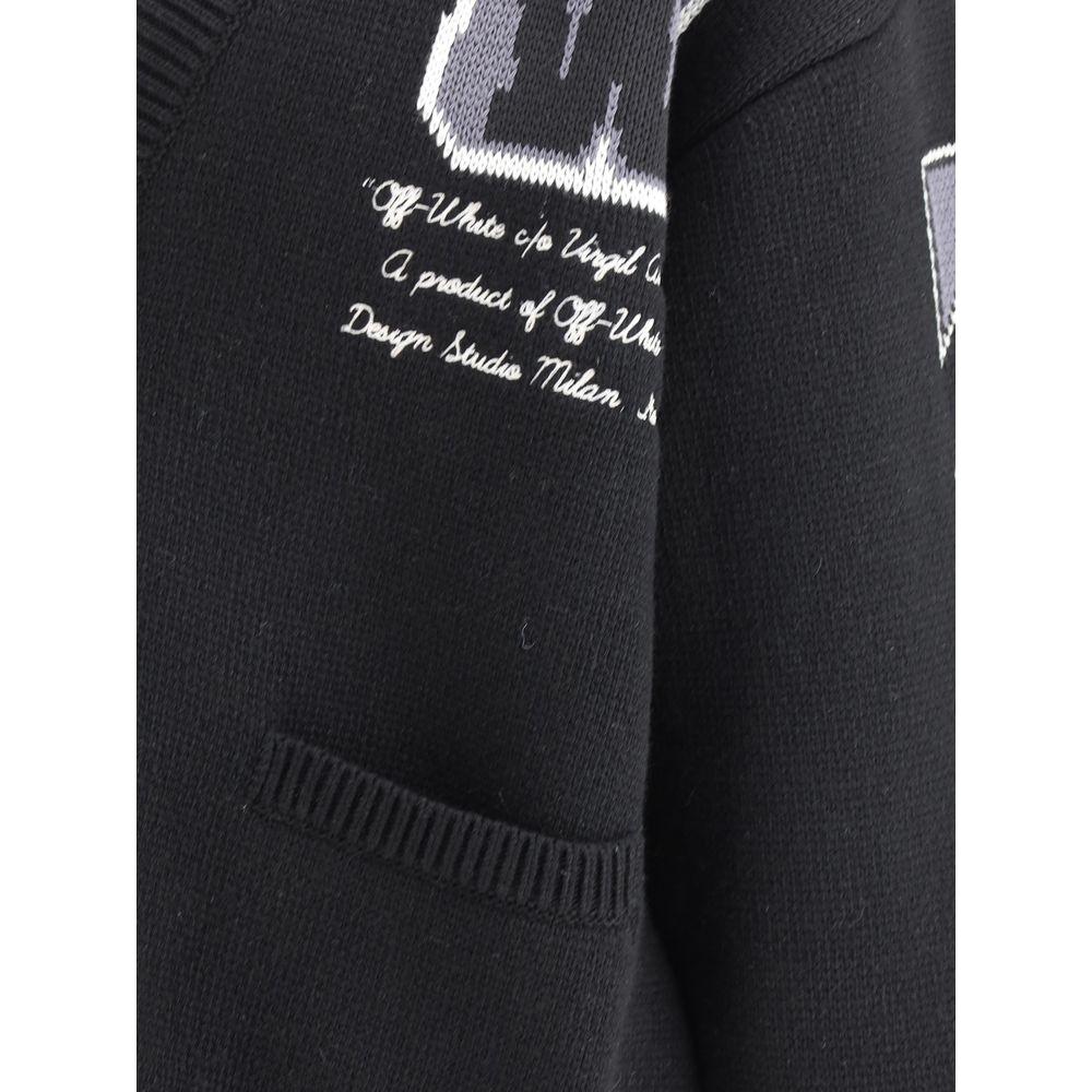 Close-up of Off-White Varsity Cardigan with jacquard weave and pocket detail, showcasing sleek design and iconic monogram.