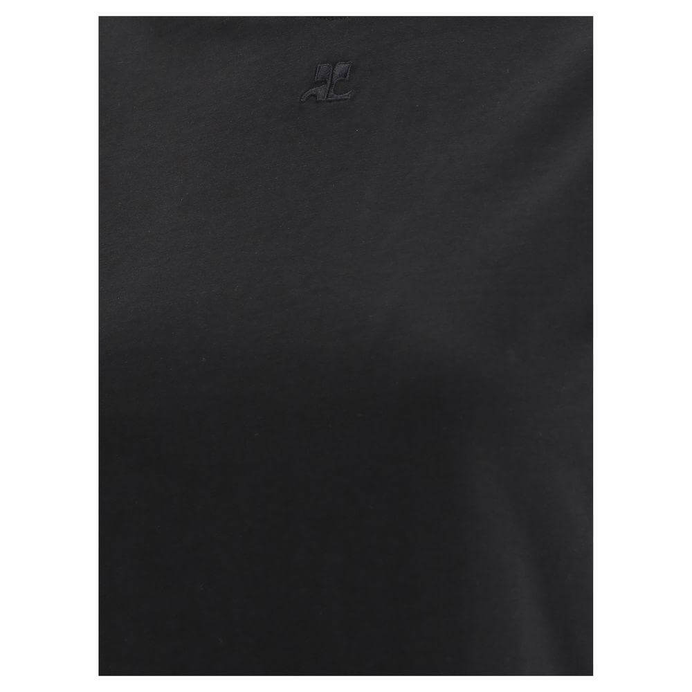 Black Courrèges Ac T-Shirt with embroidered logo and monogram patch, ribbed crew neck, monochrome design, cotton fabric.