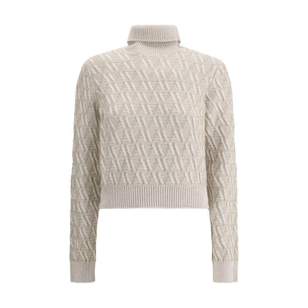 Fendi silk turtleneck sweater with FF logo jacquard, ribbed collar, cuffs, hem, and two-tone pattern.