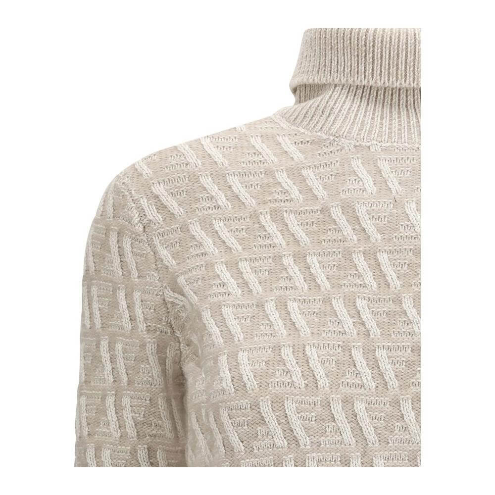 Fendi silk turtleneck sweater with ribbed collar, FF logo jacquard pattern, and two-tone design.