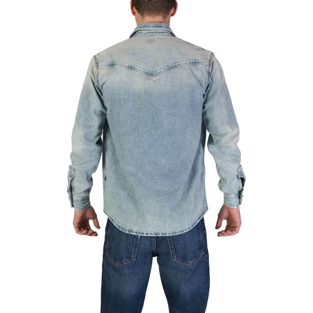 Back view of a Hugo Boss light blue long sleeve cotton shirt for men, perfect for fall and winter, made from 100% cotton fabric.