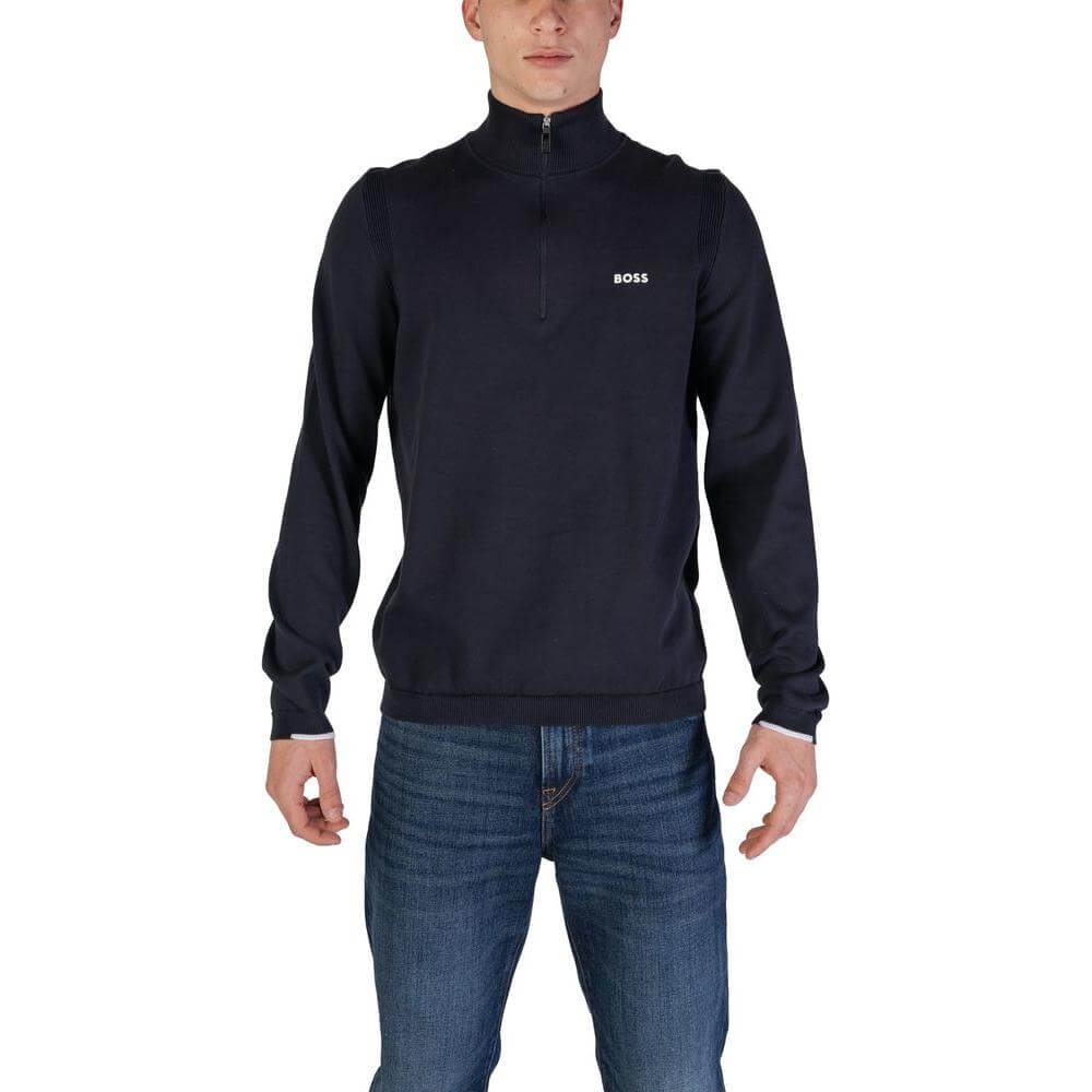 Hugo Boss blue cotton cardigan for men, fall/winter collection, featuring a blend of cotton, polyester, and elastane.