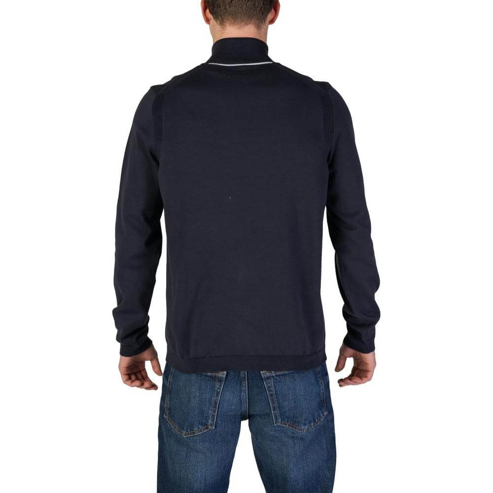 Back view of a Hugo Boss blue cotton cardigan for men, part of the Fall/Winter collection, made with 89% cotton blend.