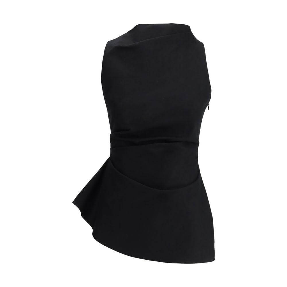 Alexander McQueen black asymmetrical sleeveless top with mock neck and side ruffle, featuring hidden side zipper for modern style.