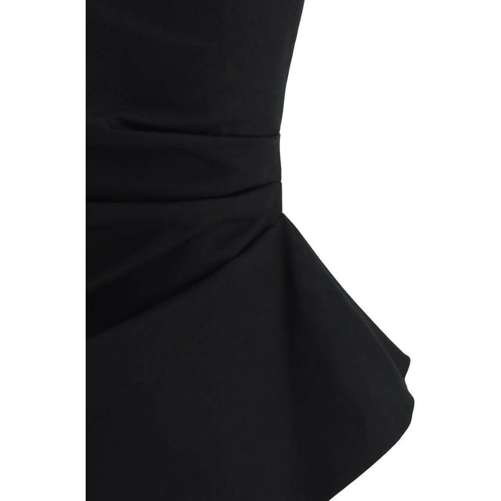 Detail of Alexander McQueen asymmetrical top with side ruffle in black, featuring a bold and modern design, perfect for contemporary style lovers.