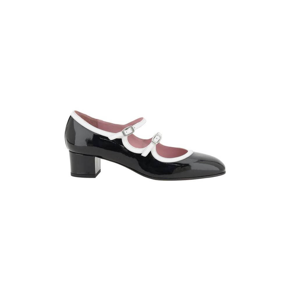 Carel Paris Kina Pumps in black patent leather with almond toe and adjustable back straps, featuring chunky heel and white piping detail.