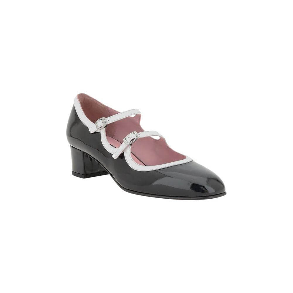 Carel Paris Kina Pumps in patent leather with almond toe, adjustable back straps, and contrasting piping for modern elegance.